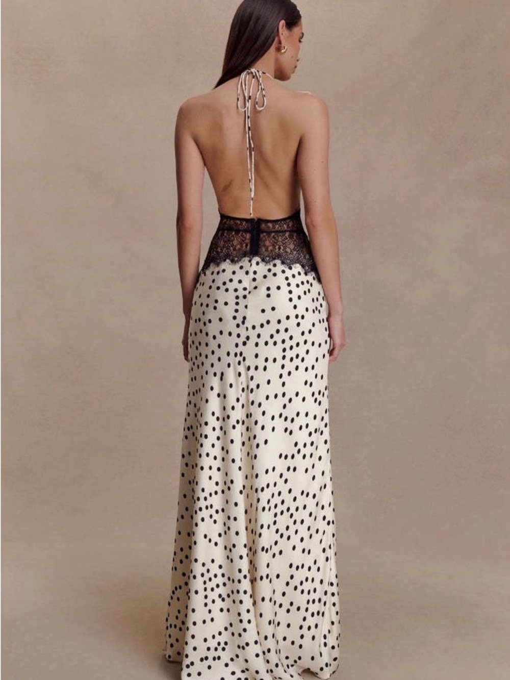 Polka Dot Halter Lace-Waist Maxi Dress - Cream/Black - Picture 3 of 7